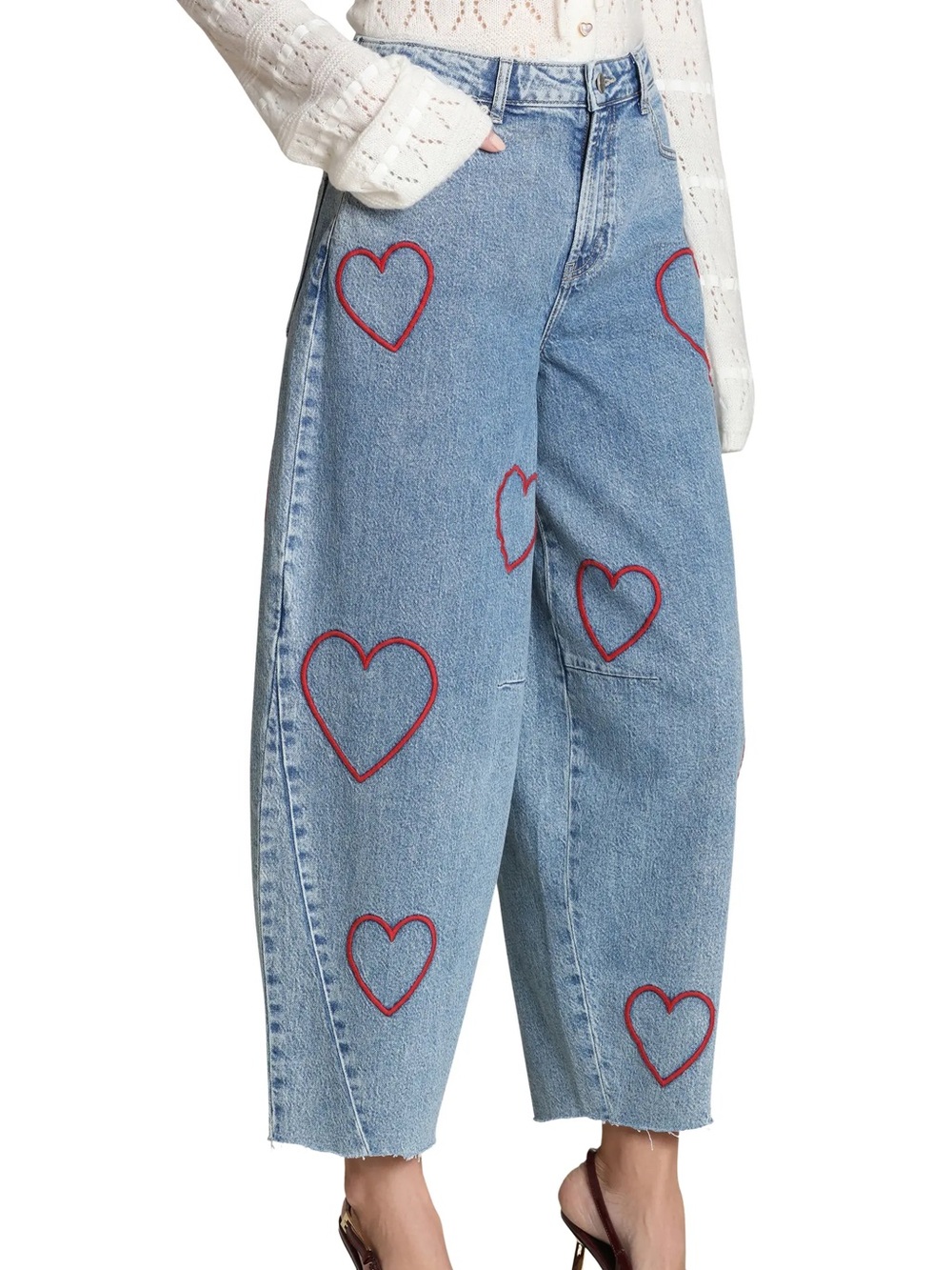 Avec Les Filles Heart Embroidered Barrel Jeans - Light Wash - Picture 5 of 7